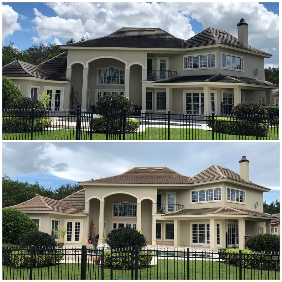 Before and after house washing in Greensboro GA showing removal of algae, mildew, and exterior staining from residential siding