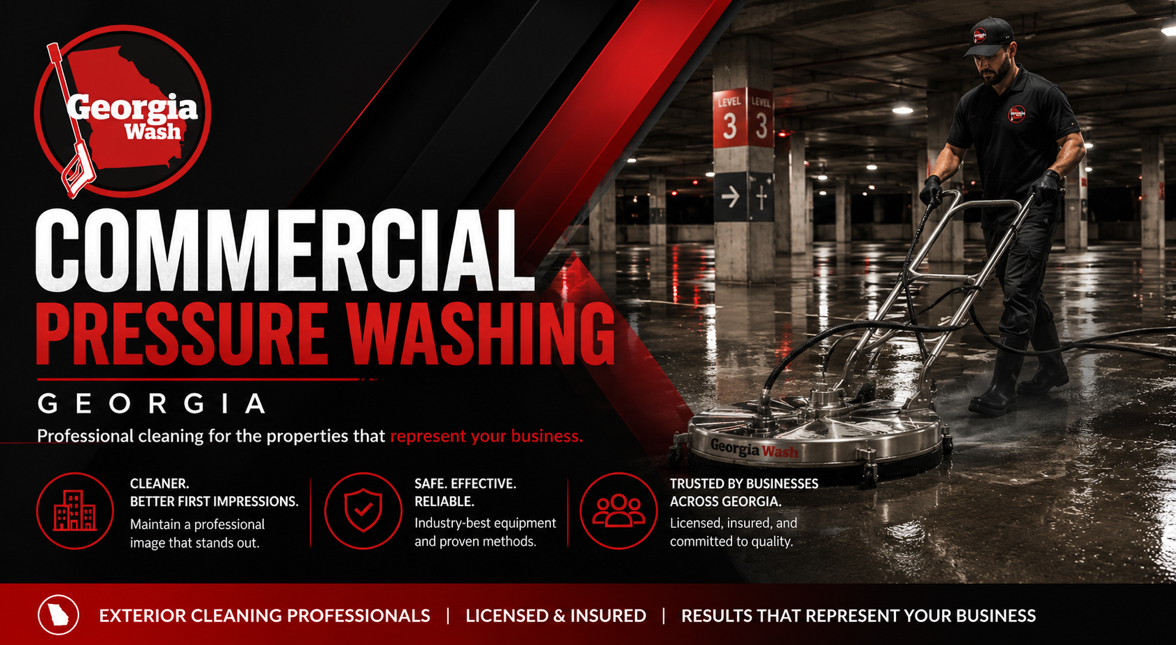 Georgia Wash technician using a large commercial surface cleaner inside a parking garage for professional commercial pressure washing in Georgia.