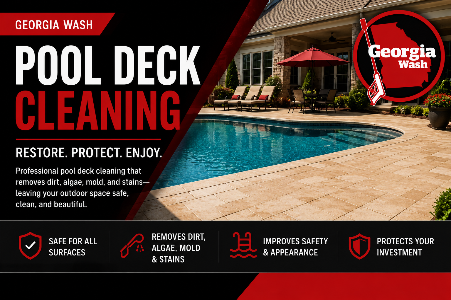 Professional pool deck cleaning by Georgia Wash restoring a concrete pool deck with safe soft washing and pressure washing techniques.