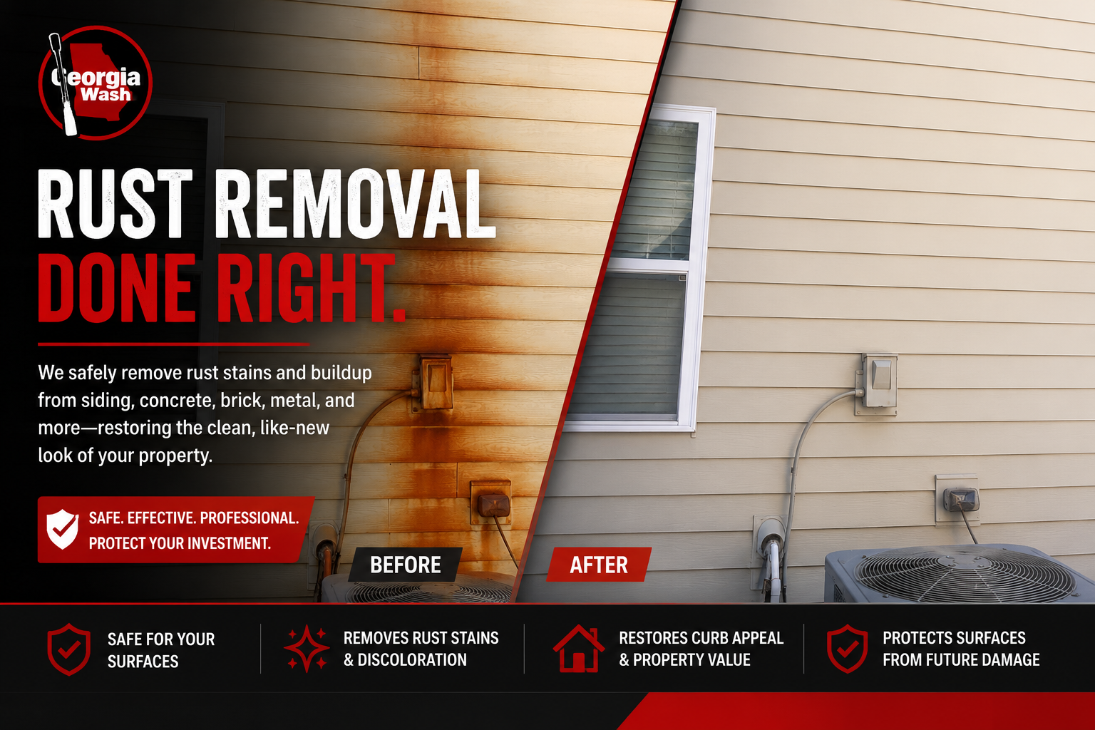Professional rust stain removal from residential house siding by Georgia Wash showing dramatic before and after restoration of exterior surfaces.