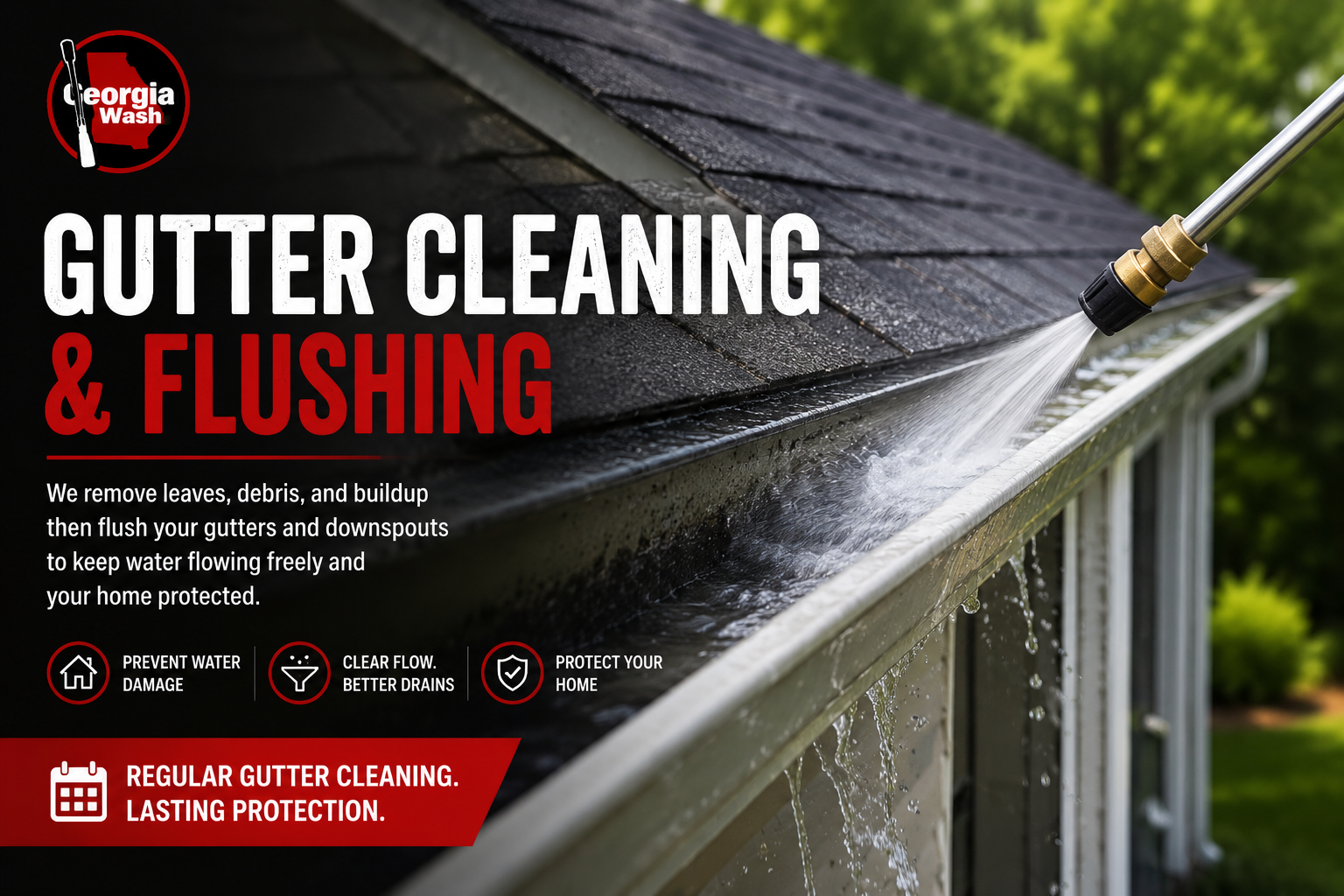Professional gutter cleaning and downspout flushing by Georgia Wash, removing leaves, debris, and buildup to restore proper water flow and protect homes throughout Georgia.