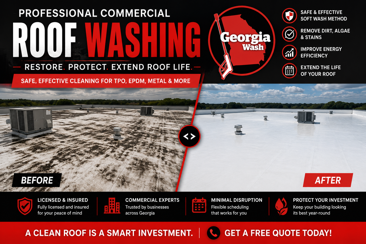 Professional commercial TPO roof washing by Georgia Wash showing a dramatic before and after transformation of a commercial flat roof using safe soft washing methods.