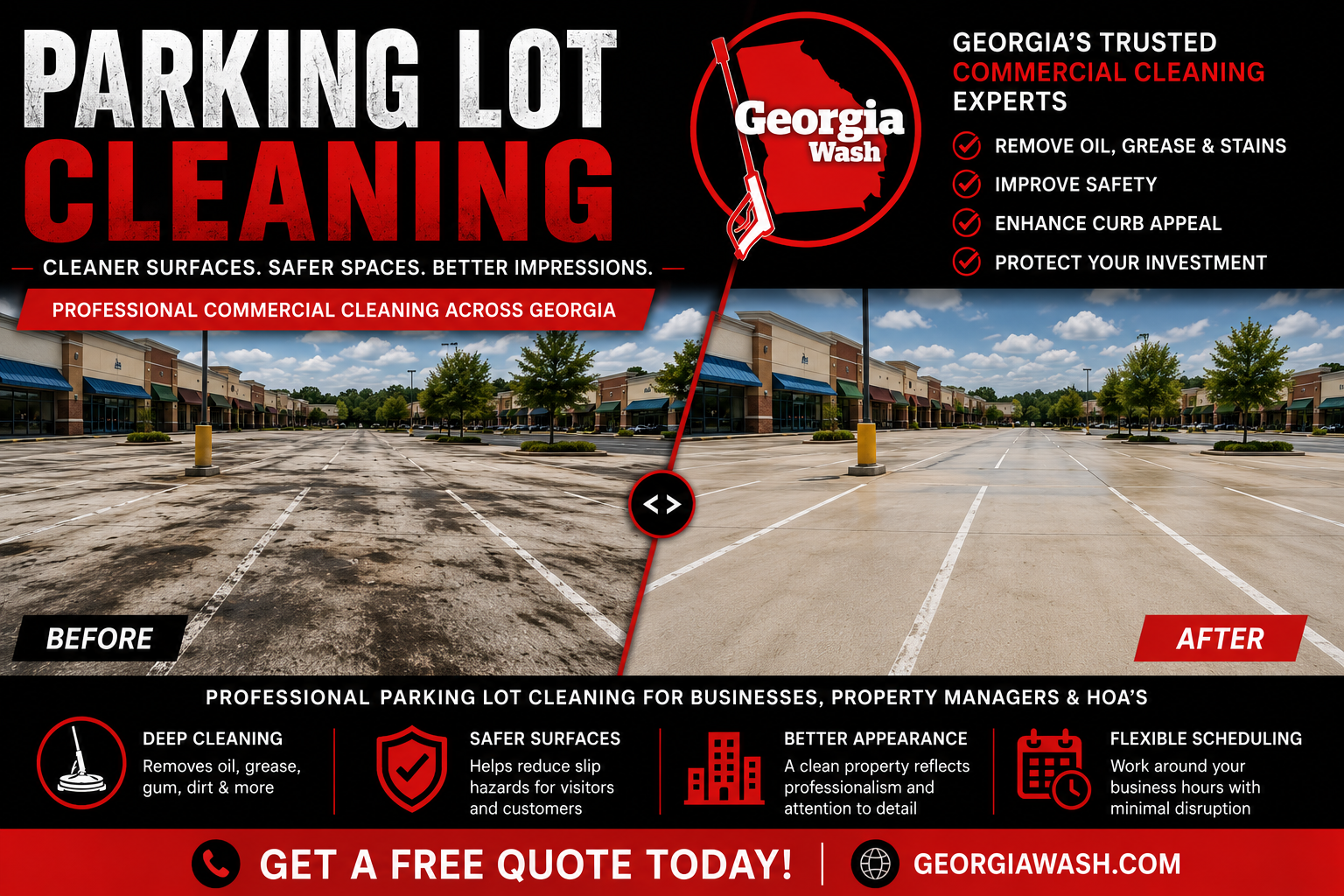 Professional commercial parking lot cleaning by Georgia Wash featuring a dramatic before and after transformation of a concrete shopping center parking lot using professional surface cleaning equipment.