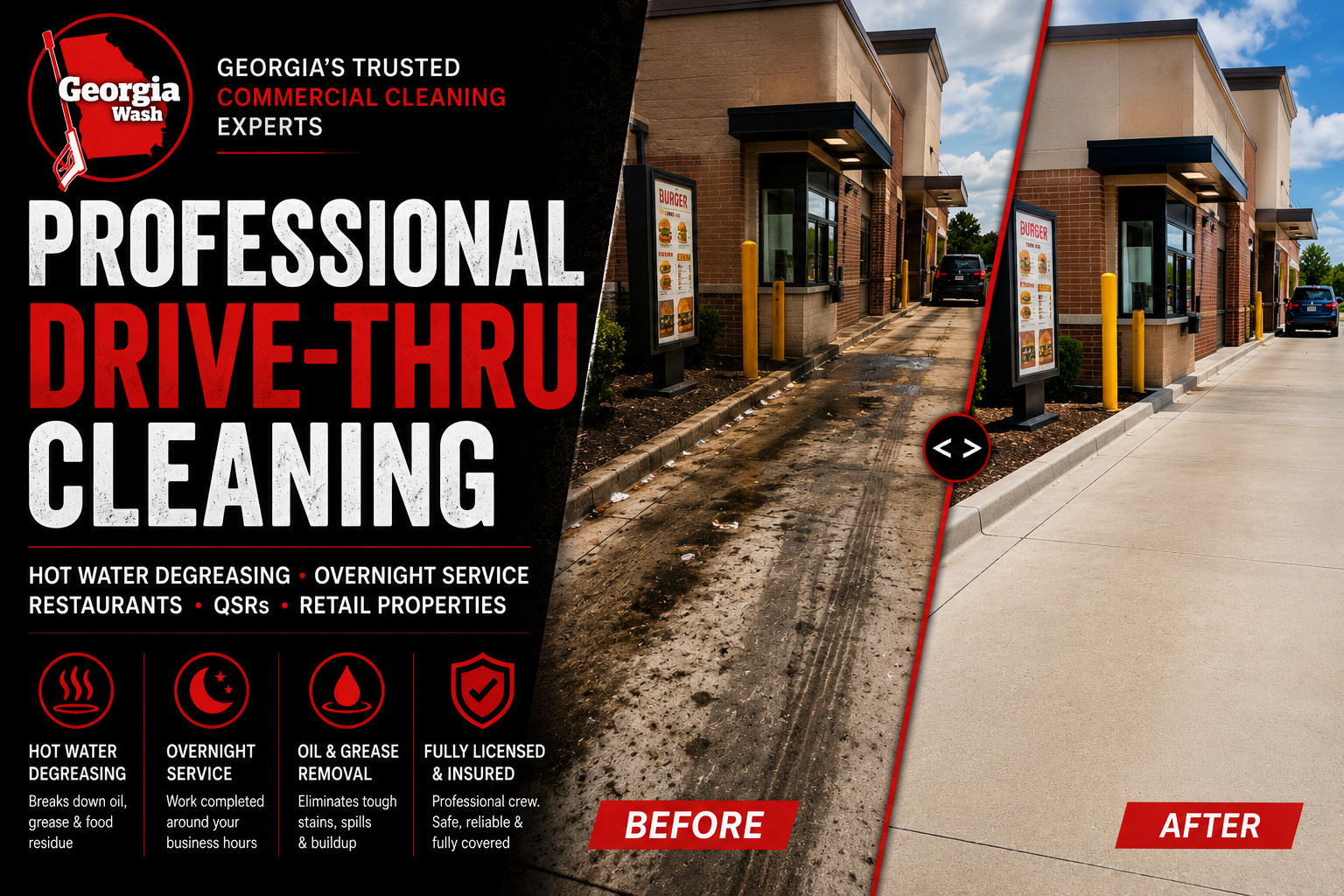 Professional commercial drive-thru cleaning by Georgia Wash featuring a dramatic before and after transformation of a restaurant drive-thru lane using hot water pressure washing and commercial degreasing methods.