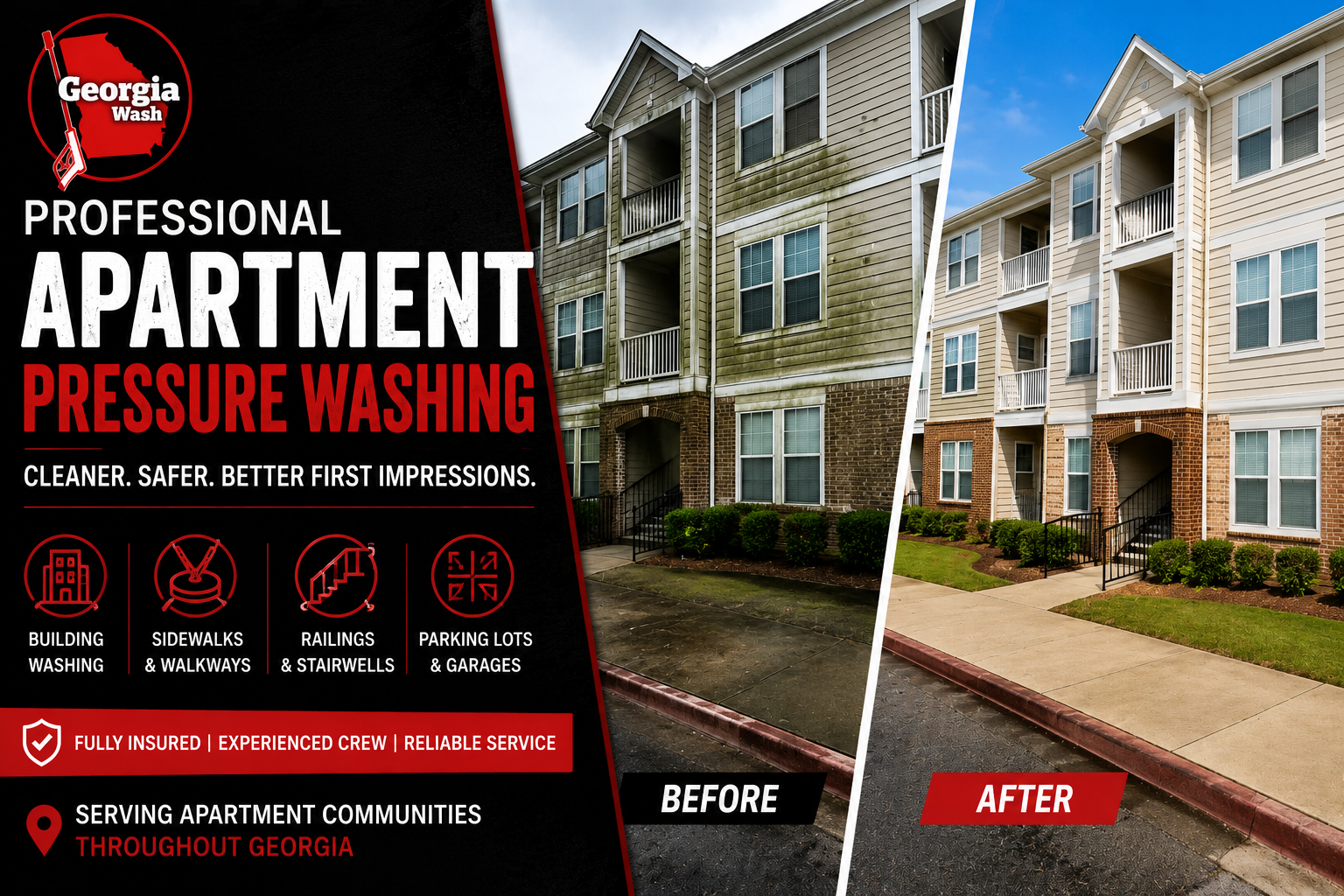 Professional apartment pressure washing by Georgia Wash featuring a dramatic before and after transformation of a multi-family apartment building with cleaned siding, breezeways, sidewalks, railings, and common areas.