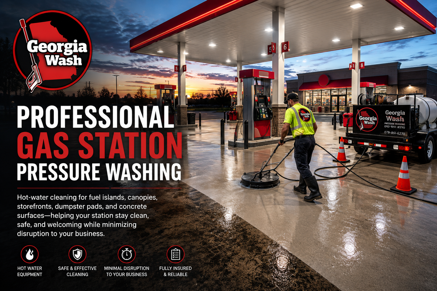 Georgia Wash technician pressure washing a commercial gas station fuel island and concrete surfaces in Georgia using professional hot-water cleaning equipment.