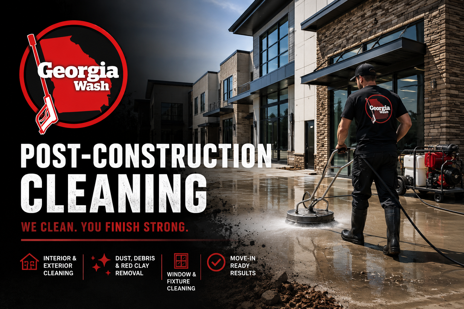 Georgia Wash technician performing professional post-construction cleaning and commercial pressure washing outside a newly completed building in Georgia.
