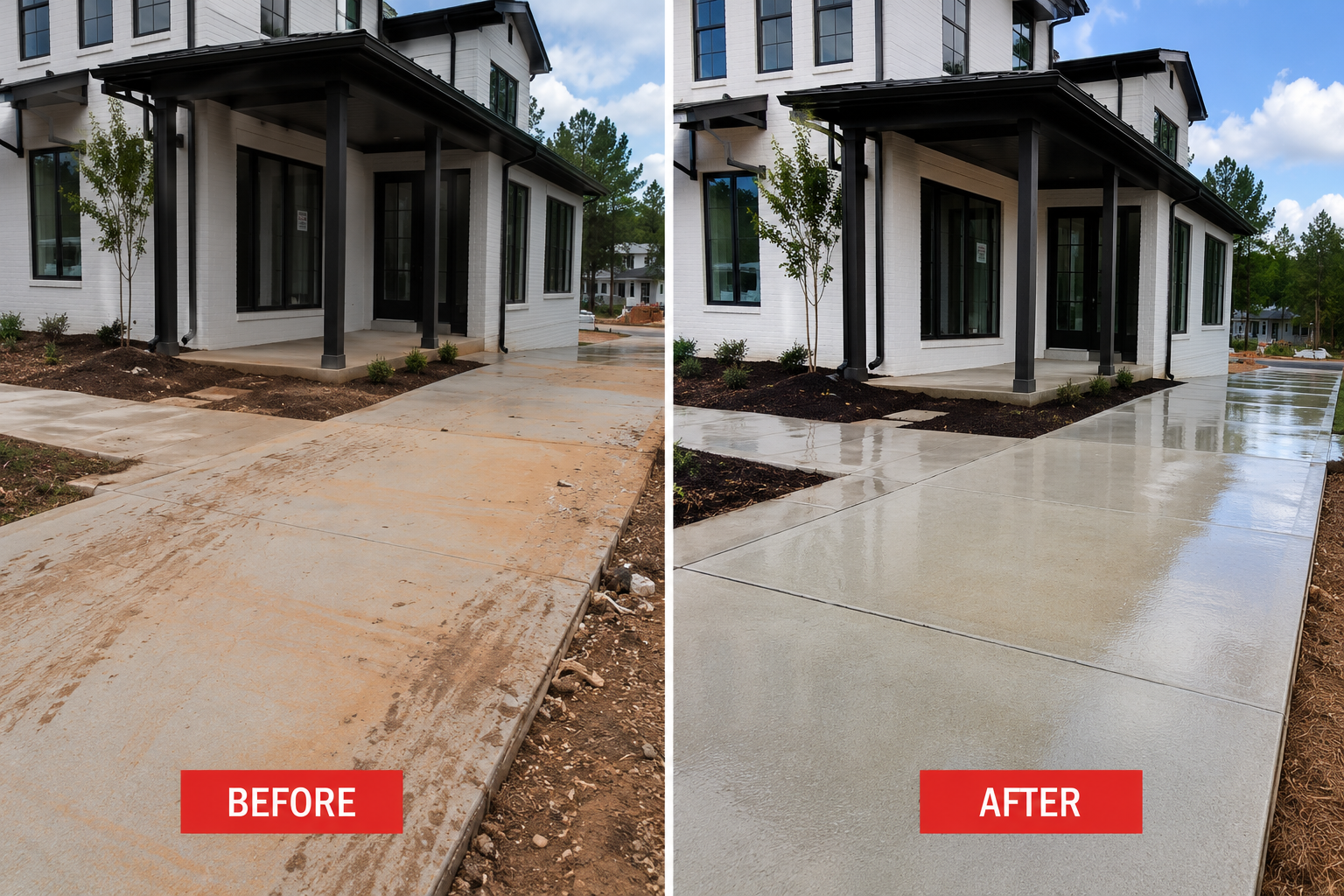 Before and after post-construction cleaning showing red clay removal and professional concrete cleaning at a newly constructed home by Georgia Wash.