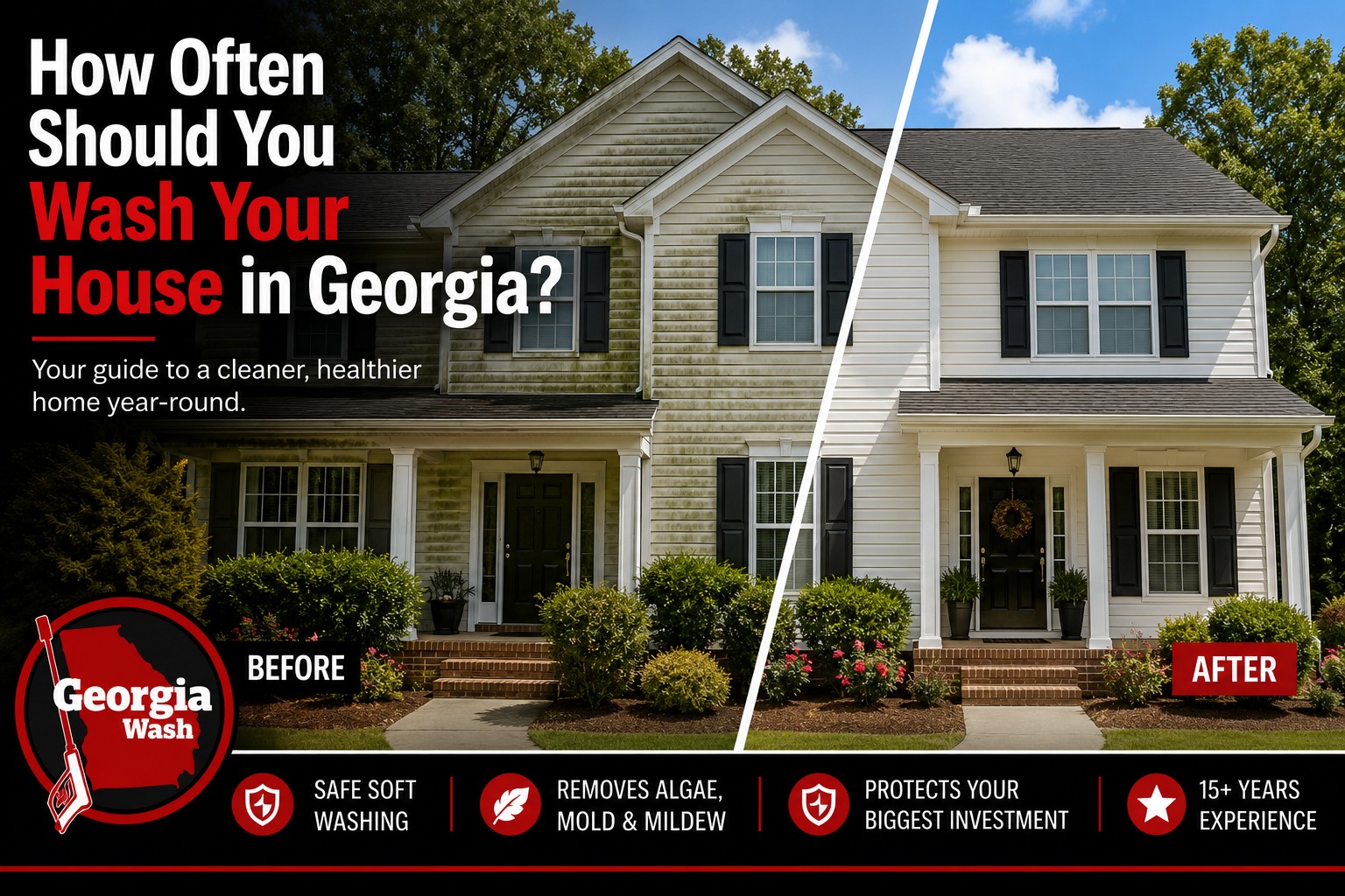 Before and after professional soft house washing on a Georgia home showing algae removal and restored curb appeal.