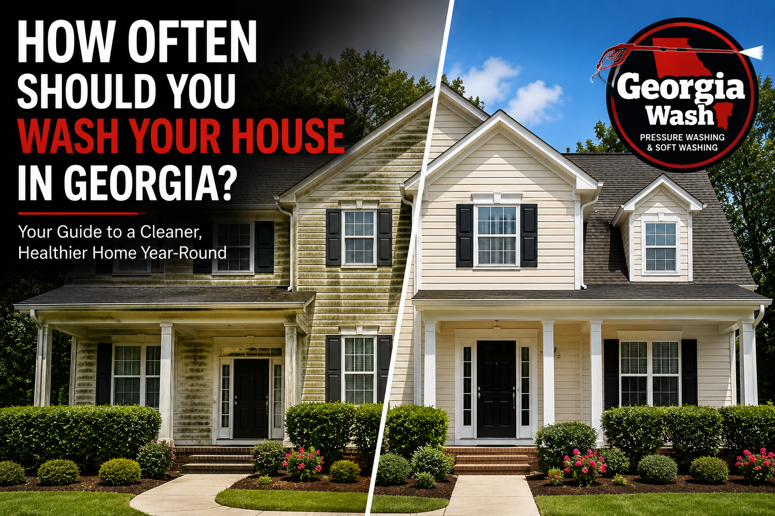 Before and after professional house washing on a Georgia home showing algae and mildew removal with soft washing.