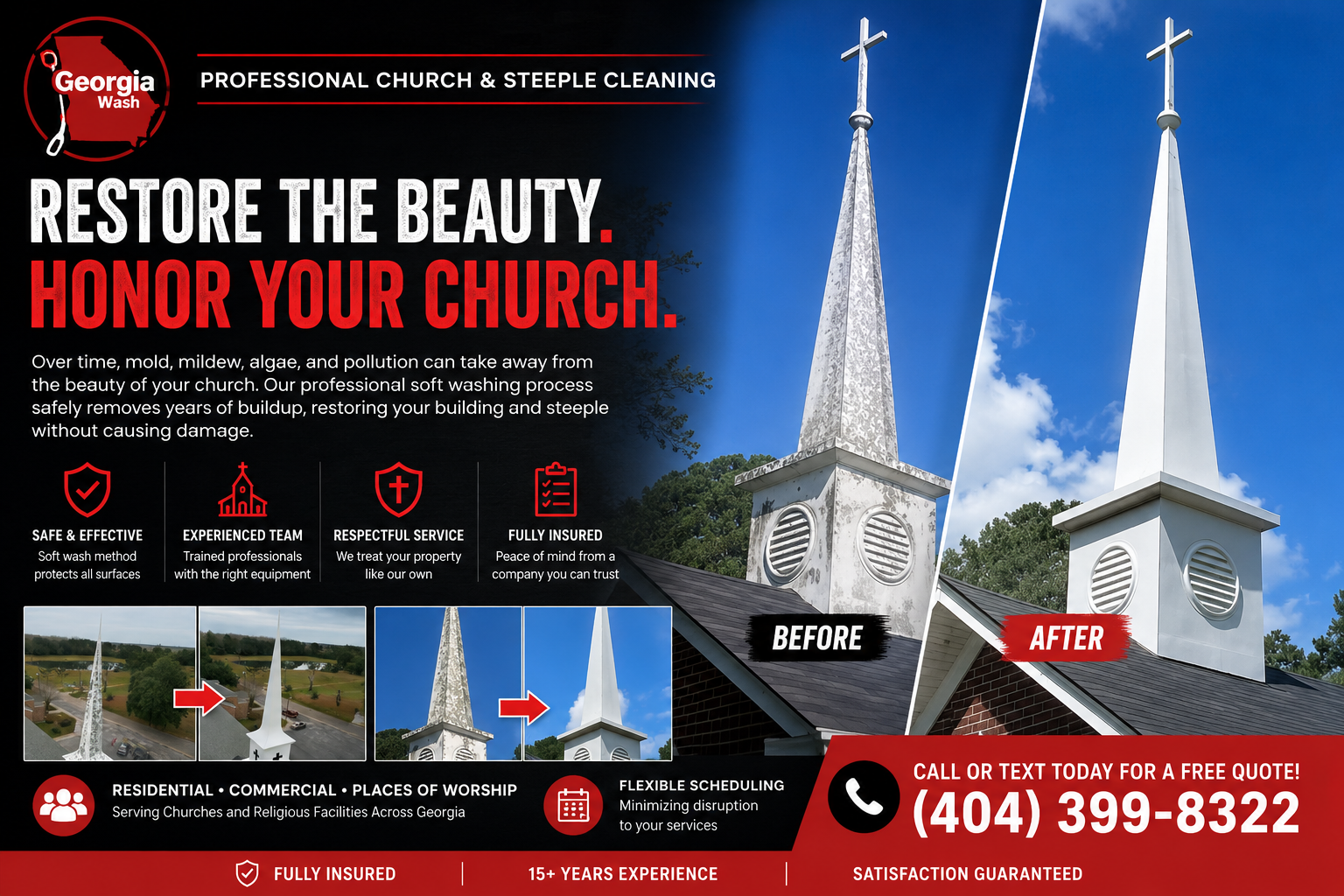 Church steeple cleaning before and after by Georgia Wash using a professional soft washing process to safely remove algae, mold, mildew, and organic staining from church steeples across Georgia.