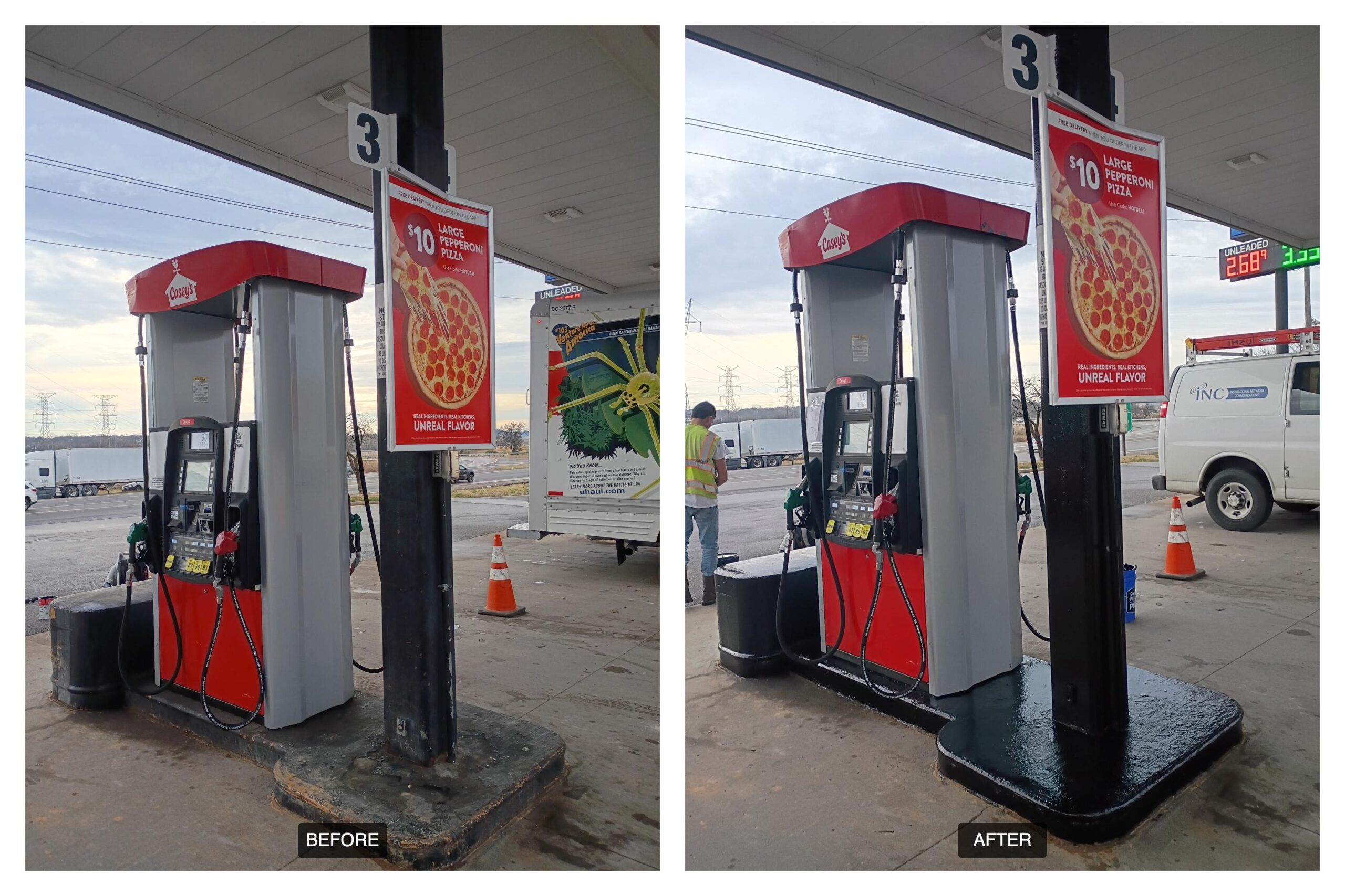 Professional gas station pressure washing of fuel islands and concrete pump areas by Georgia Wash using commercial hot-water cleaning equipment.