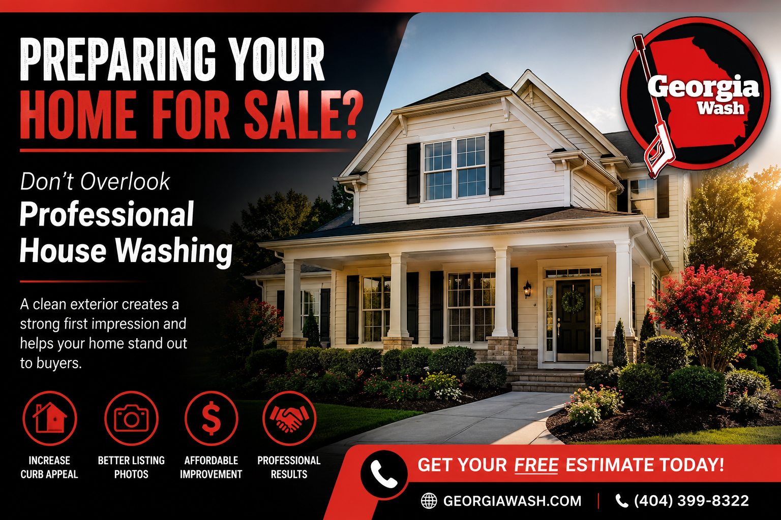 Professional house washing before selling a home in Georgia. Clean exterior improves curb appeal and helps prepare a home for the real estate market.