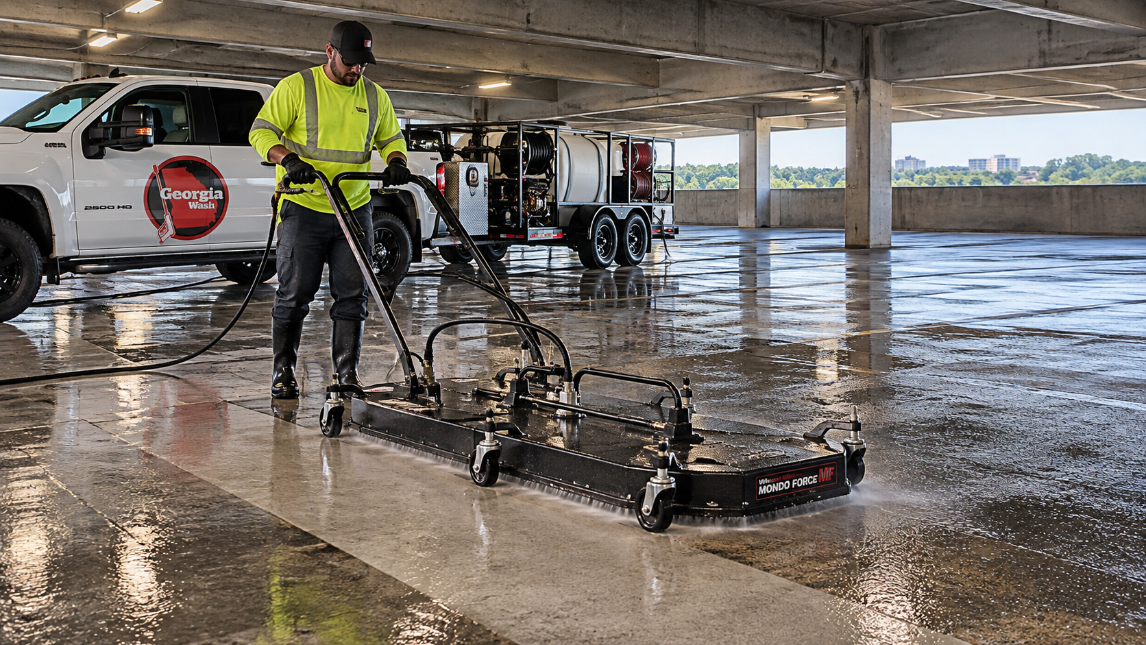 Georgia Wash pressure washing a parking garage with a commercial surface cleaner in Georgia