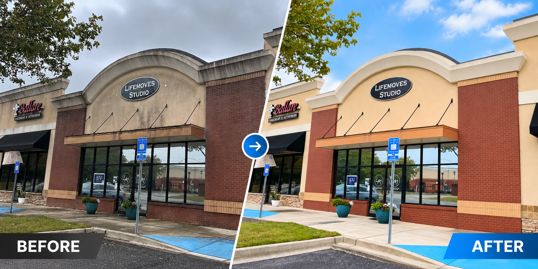 Before-and-after visualization of commercial storefront washing, showing cleaner stucco, brick, and concrete sidewalks at a retail shopping center.